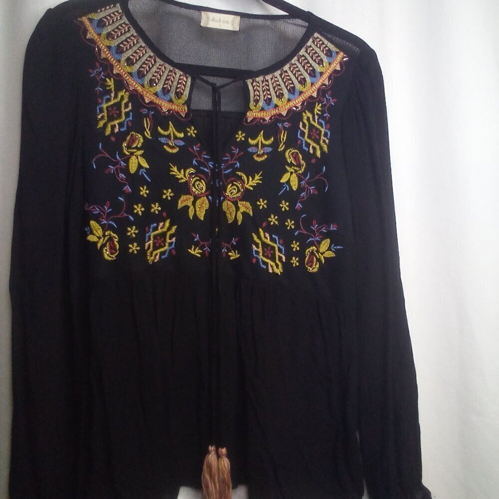 Altar'd State Blouse S Long Sleeve Boho Flowing Tassel Embroidery Floral Black